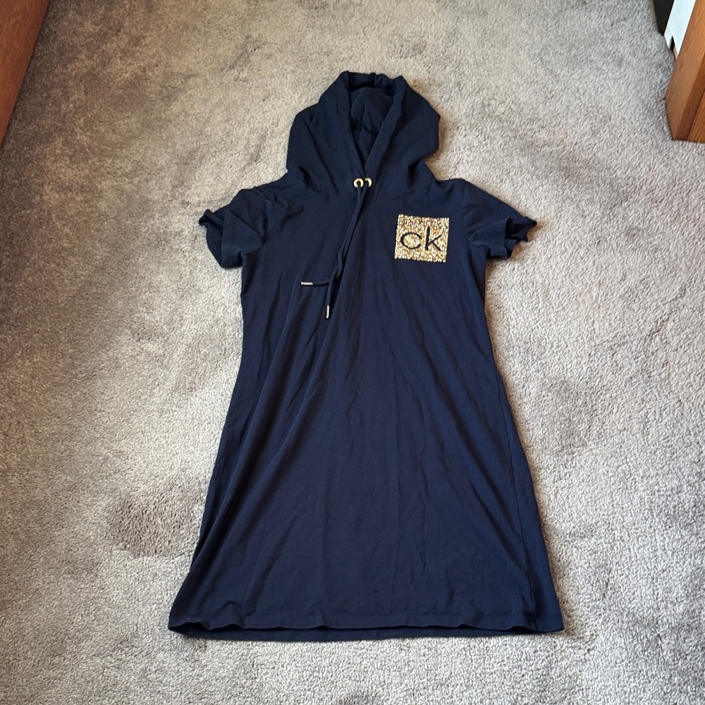 Calvin Klein Navy Hooded Short Sleeve Dress Gold CK Logo Pocket Casual SIZE M